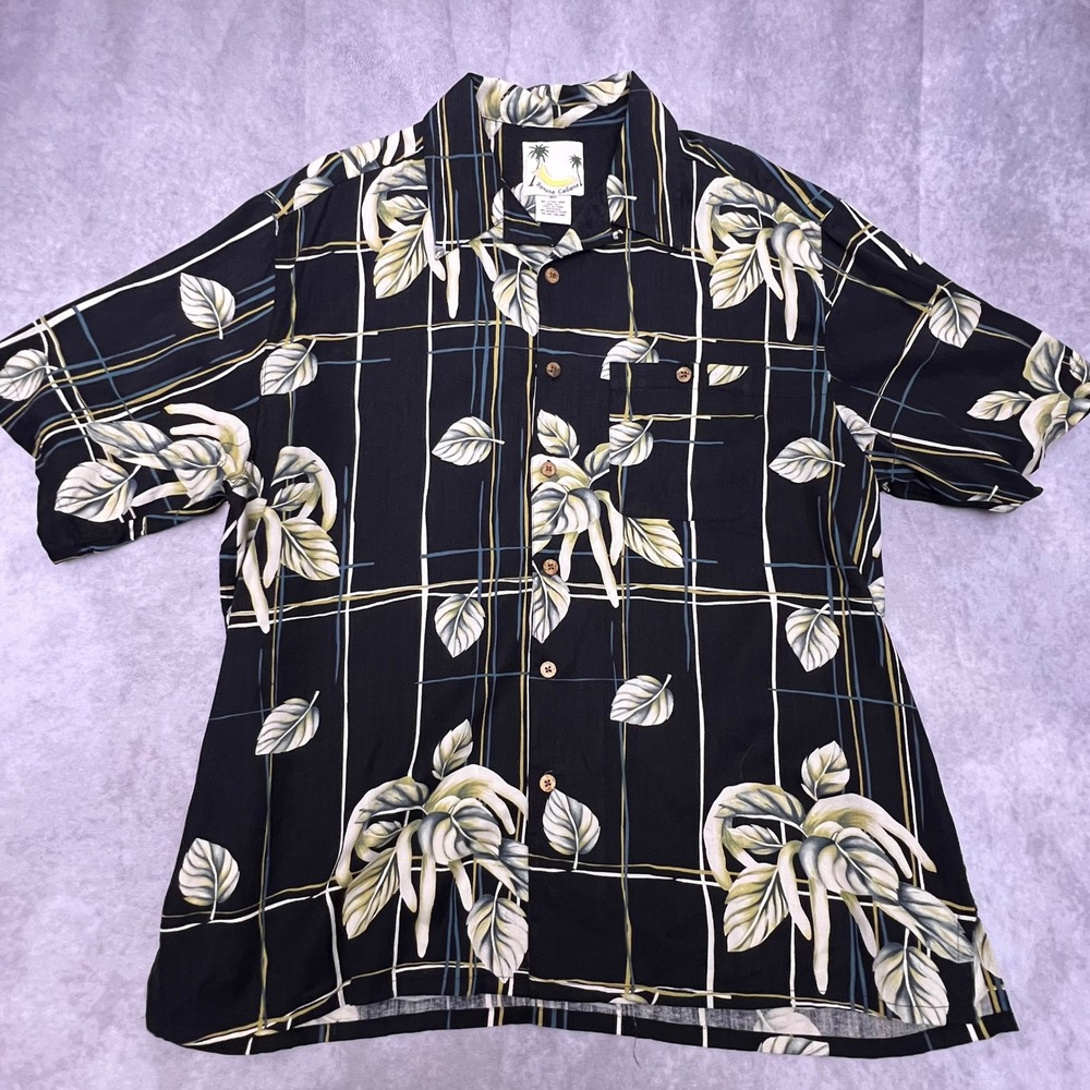 Banana Cabana Silk Shirt Mens XL Black Tropical Leaf Windowpane Short Sleeve